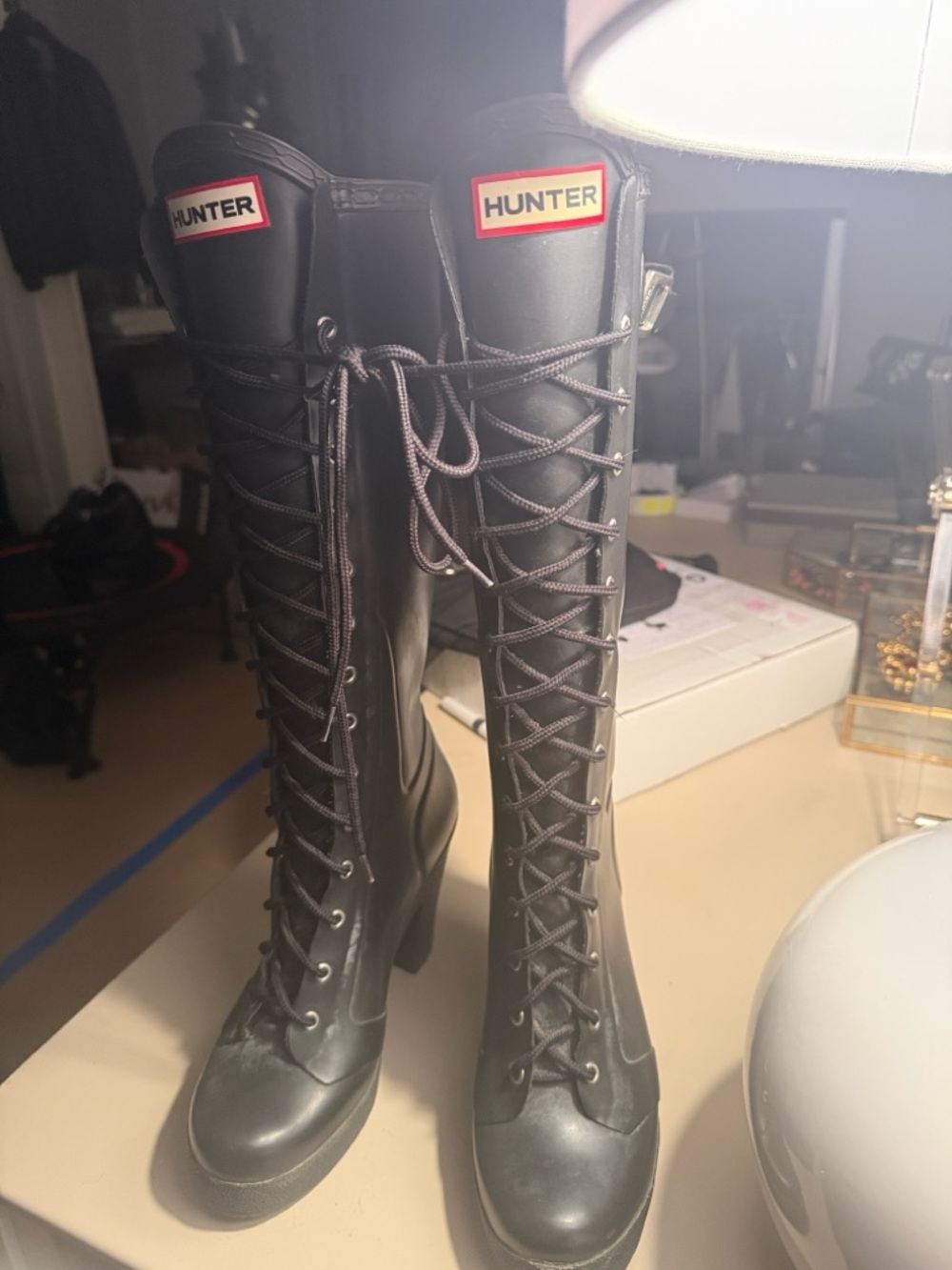 Hunter Black Lace-Up Knee-High Rain Boots